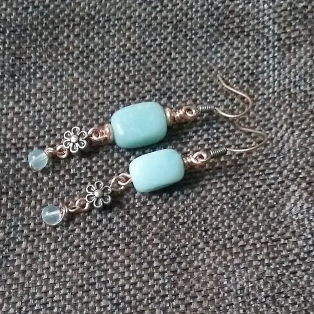 Lightweight Green Aventurine & Copper Blossoms Dangle Earrings! Prosperity +Luck